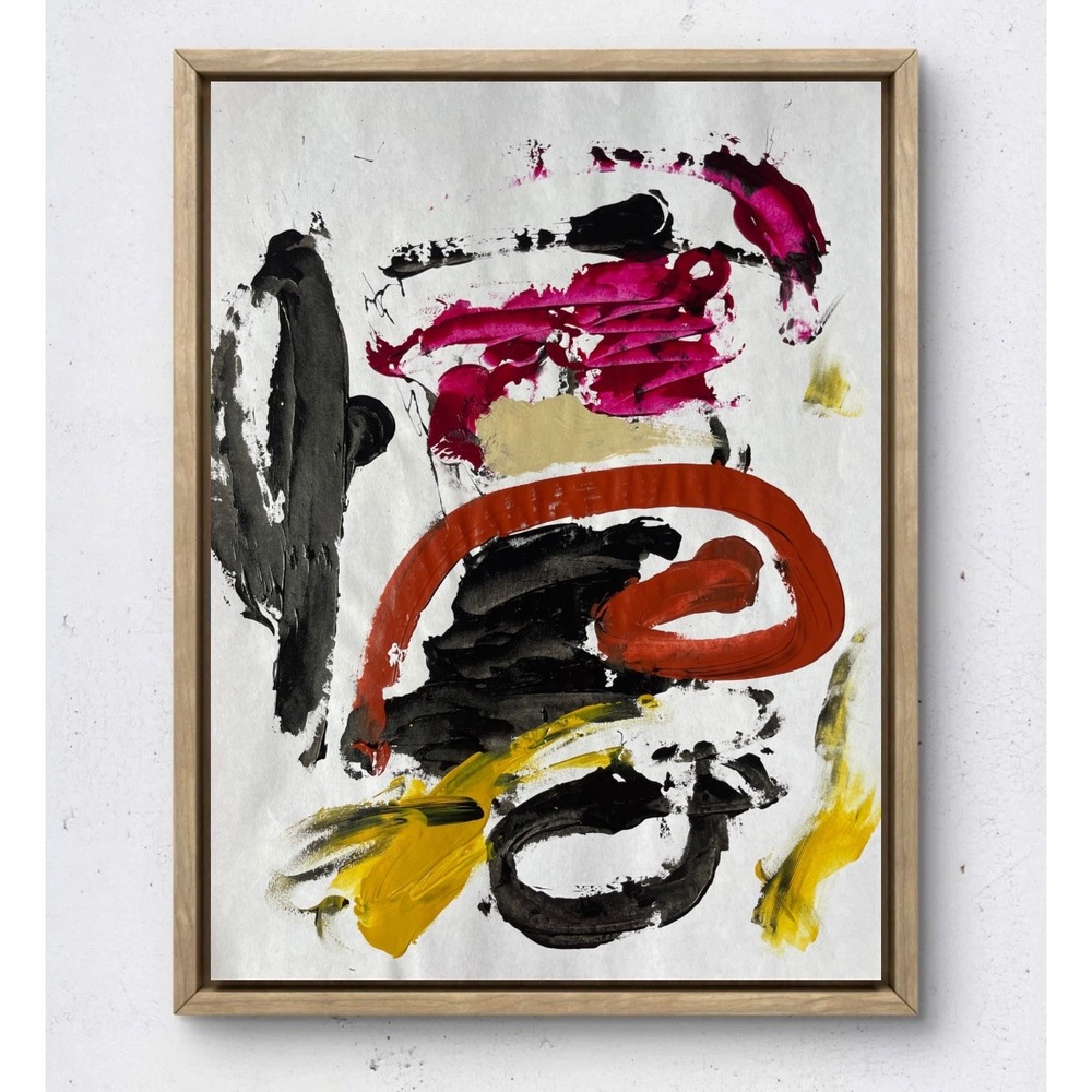 Original Abstract Expressionist Painting Red Black Yellow Mixed Media Art 8.5x11
